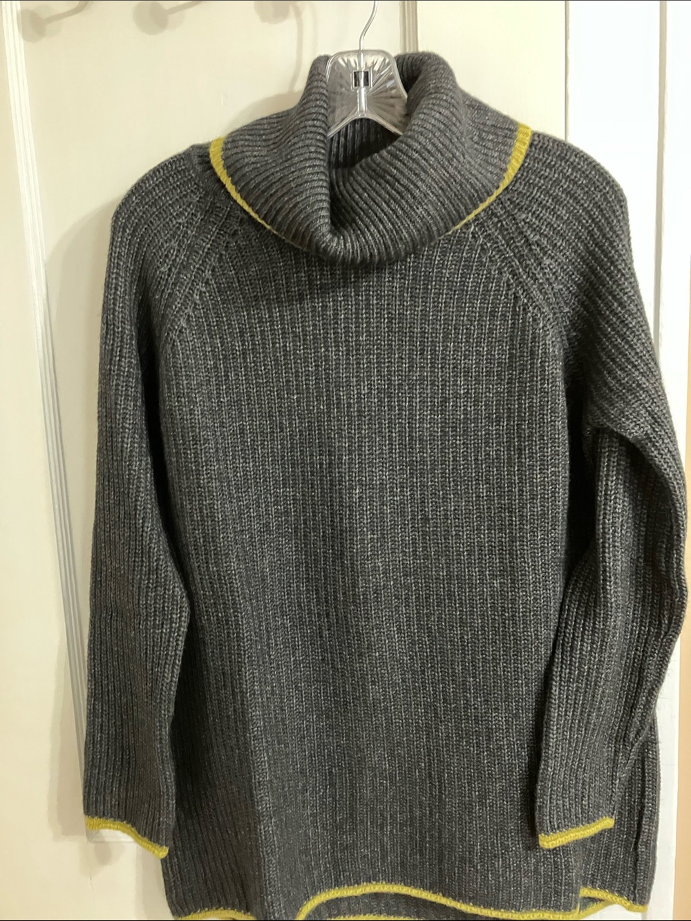 Cozy Gray Cowl Neck Sweater with Yellow Trim